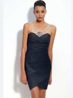 Adrianna Papell Navy Sheath Dress with Nude Jeweled Illusion Yoke size 4p